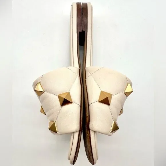 Valentino Garavani Roman Stud Flat Sandals White Leather Studded Slides EU 38.5 - Picture 5 of 13
